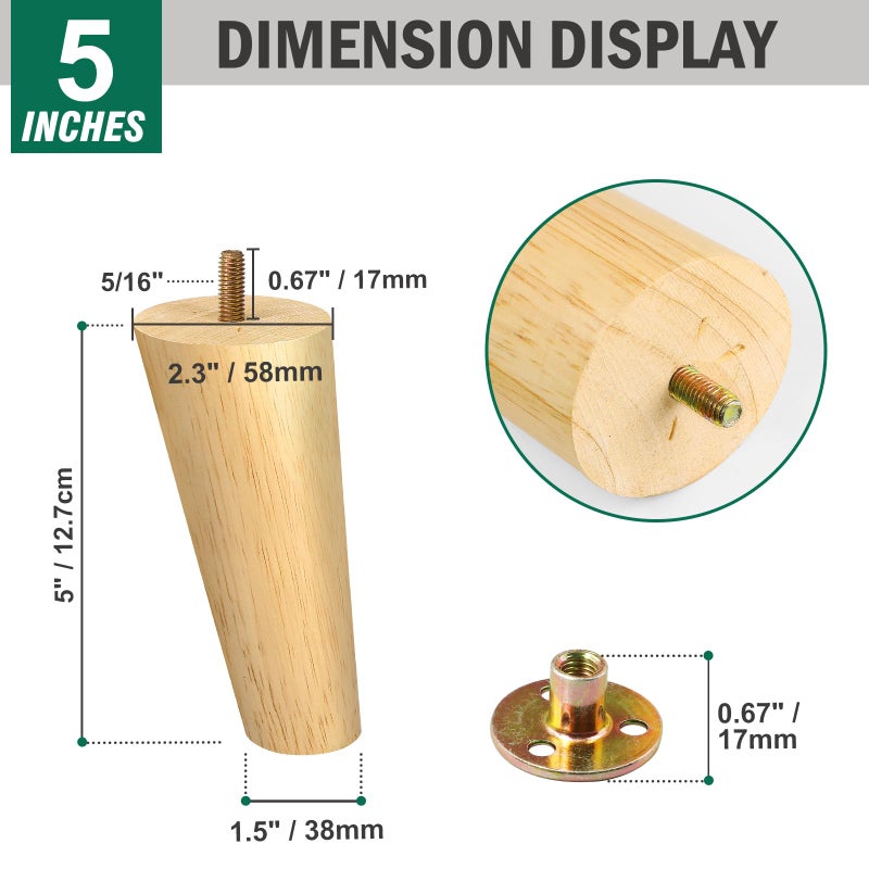 FoDau770 Rubber Wood Furniture Legs 5 Inches, Slant Tapered Wood Feet Mid Century Sofa Legs Set of 4, 5/16"" UNC Furniture Feet Replacement Parts for Cabinet Couch Dresser Chair Ottoman Table - Image 3